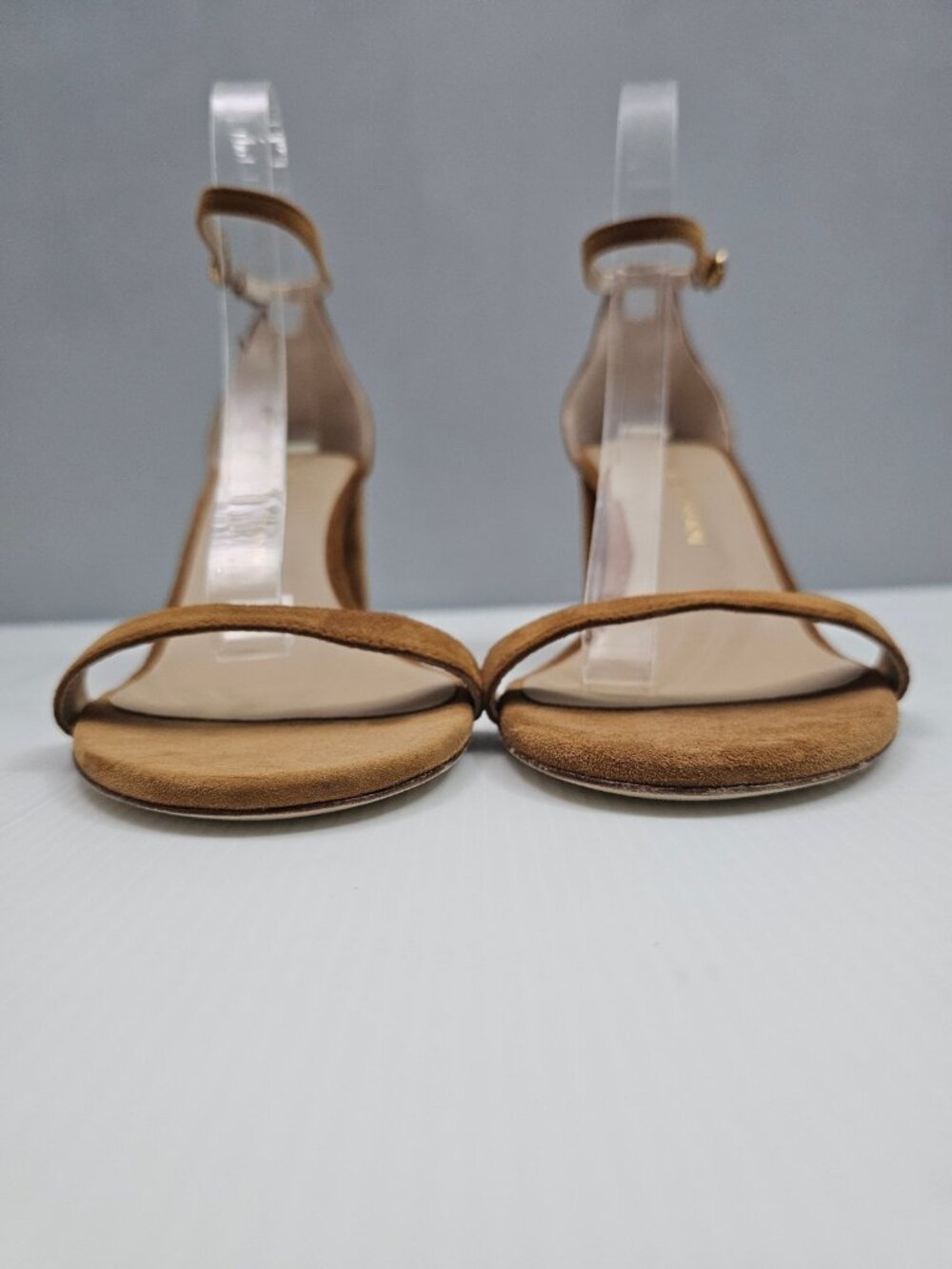 Stuart Weitzman Nudist Block 75 Sandal Womens 9.5 Caramel Brown Suede Block Heel - Picture 6 of 14